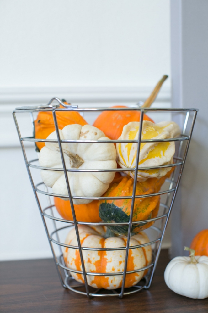 Pumpkins in wire basket